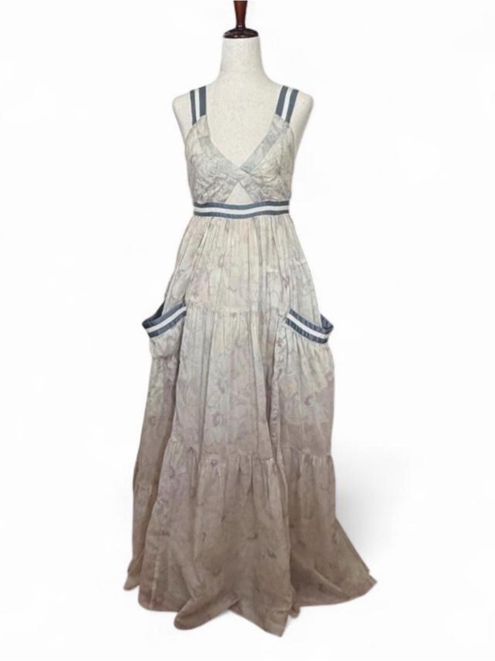 Archival Cottagecore Marc By Marc Jacobs Cream Maxi Dress/Blue Satin Trim Size 0